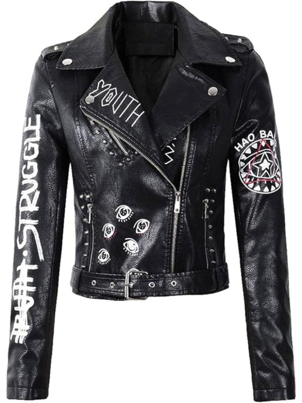 Black Punk Rock Graphic Studded Belted Vegan Leather Jacket M| Streetwear Baddie